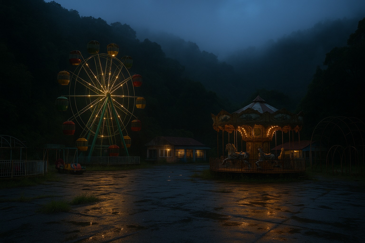 這座廢棄遊樂園藏在台灣北部山林中，無人管理卻燈光仍亮