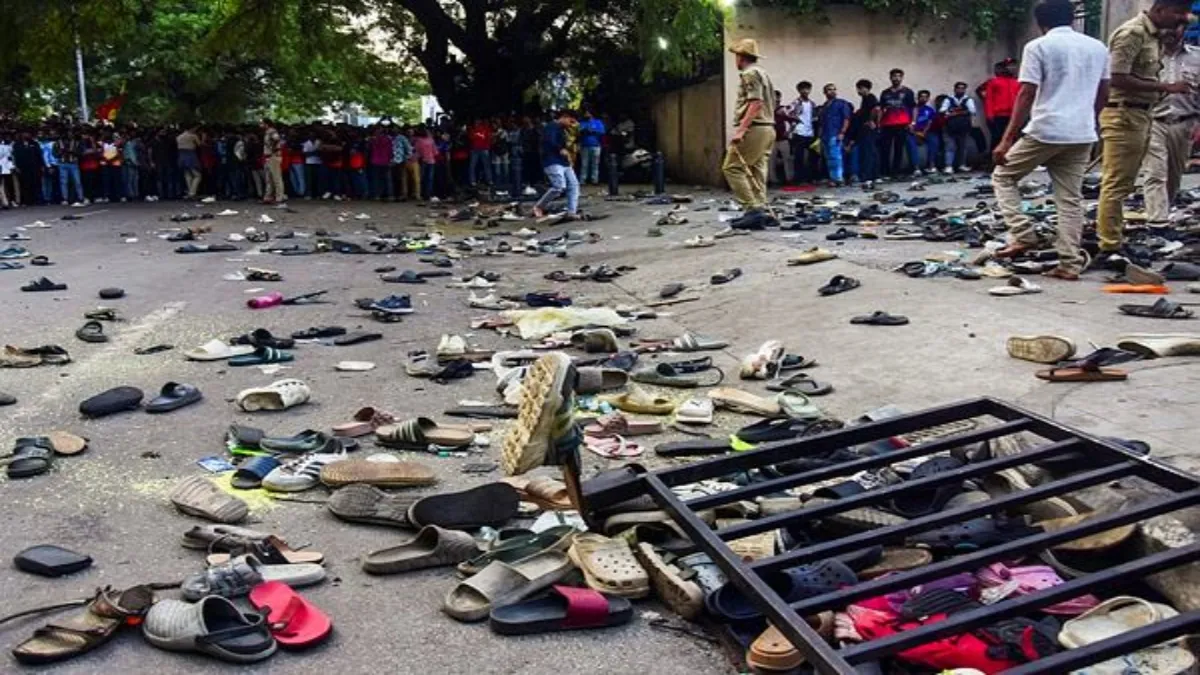Footwears lie on the ground outside the Chinnaswamy Stadium following a stampede after a large number of fans gathered for the felicitation of IPL 2025 winning Royal Challengers Bengaluru team, in Bengaluru, Karnataka, Wednesday, June 4, 2025. At least four people were killed and several others suffered injuries in the incident. (PTI Photo)