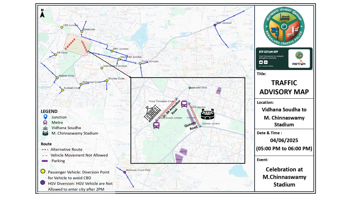 Traffic advisory issued for the 5 PM celebration at Chinnaswamy stadium . (Image Source: @blrcitytraffic)