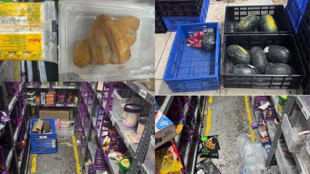 The viral pictures show fungal growth on packaged items, raw foods kept on dirty and wet floor and no separation between expired and unexpired stock. 