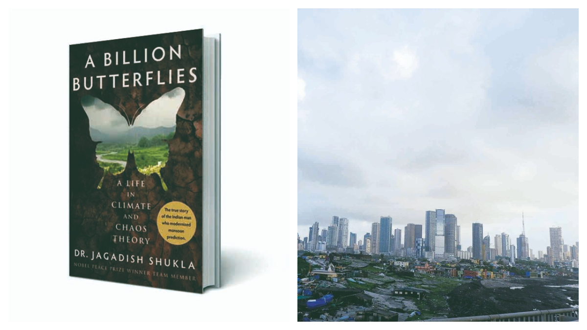 Book cover (Right)and File photo of dark monsoon clouds gathering in the sky in Mumbai. Jagadish Shukla played a key role in modernising India's weather forecasting capabilities. (Image Source: EXPRESS ARCHIVES)