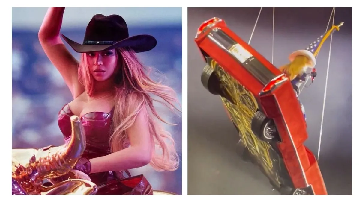 During a rendition of her track “16 Carriages,” Beyoncé was being carried through the air in a red Cadillac set piece when the car began to tilt alarmingly as it turned a corner above the crowd.