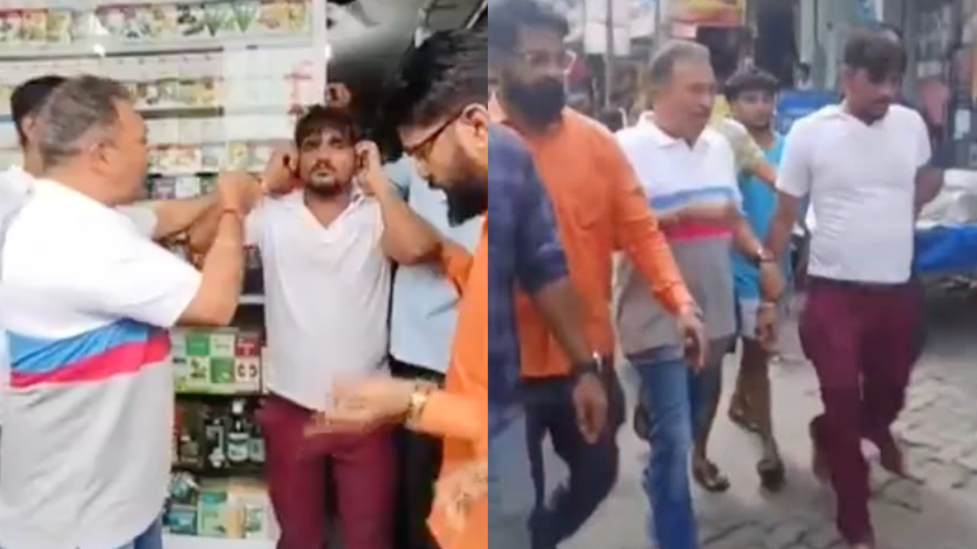MNS workers in Mumbai forcing a shopkeeper to hold his years and apologise.