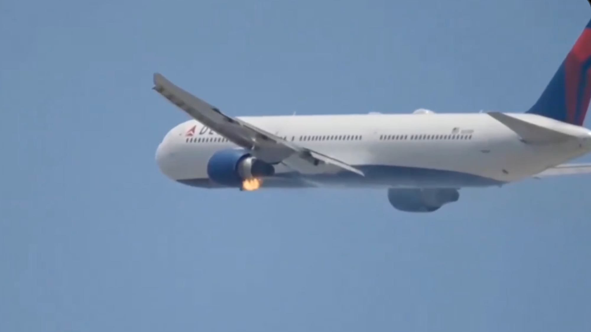 A video showing flames coming from Delta Boeing 767 flight’s left engine mid-air, as someone exclaims, “Oh, look at that!”, has gone viral on social media.
