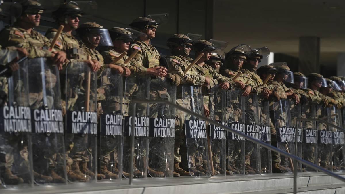 California National Guard are positioned at the Federal Building, June 10, 2025 in downtown Los Angeles. (Photo source: AP)