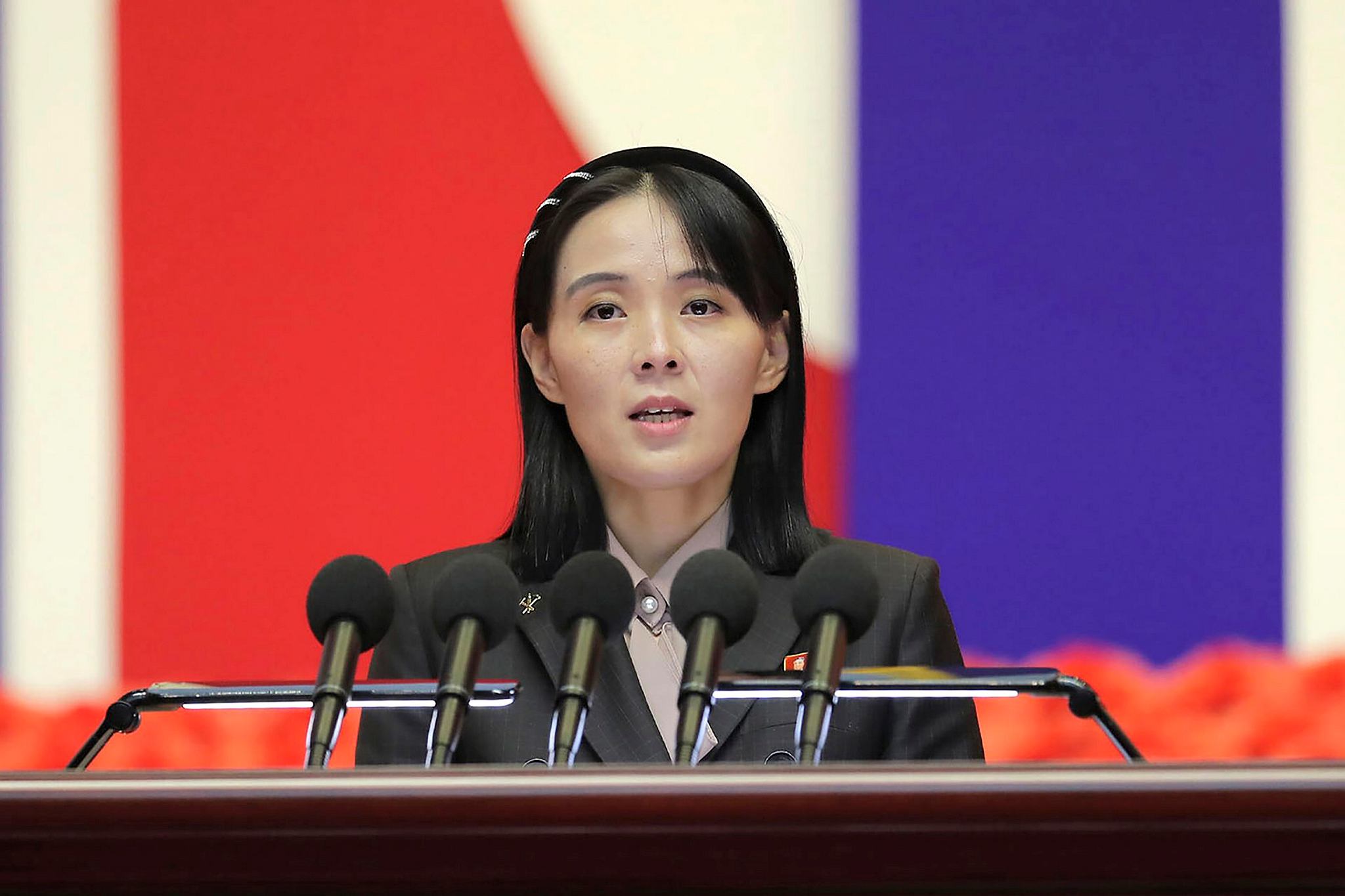 This photo provided by the North Korean government, Kim Yo Jong, sister of North Korean leader Kim Jong Un, delivers a speech during a national meeting against the coronavirus, in Pyongyang, North Korea, on Aug. 10, 2022 (Photo via AP)