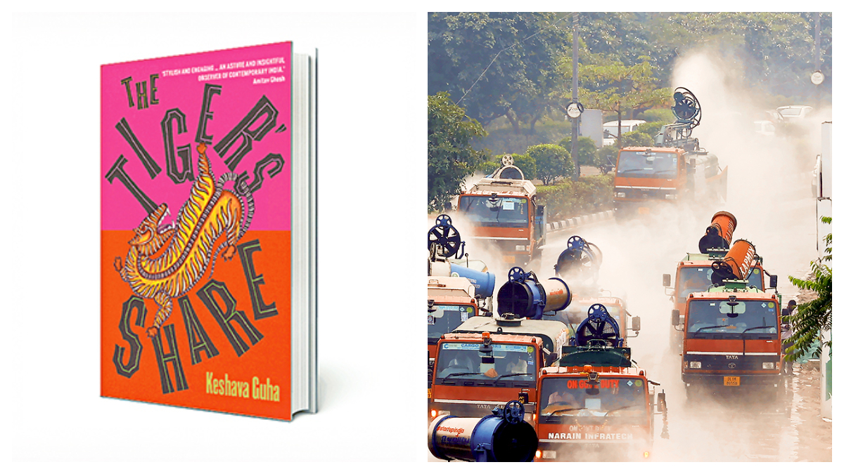 A file photo of smog guns being used to control the rising pollution levels in Delhi. The befouling air of the city runs across the book as a metaphor for the ills of its all-encompassing wealth / EXPRESS ARCHIVES