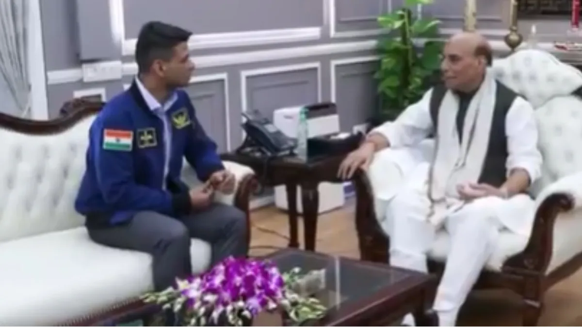 Group Captain Shubhanshu Shukla meets Rajnath Singh after historic ISS Mission
