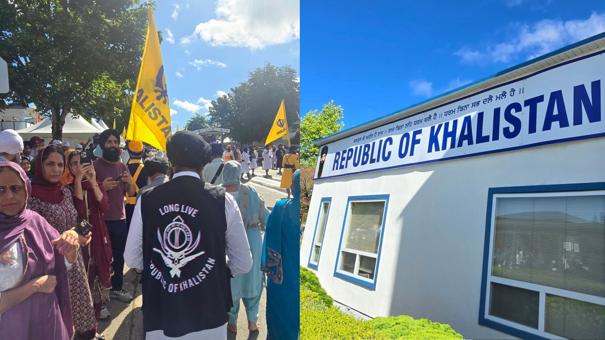 The structure has the words “Republic of Khalistan” displayed prominently over a white and blue structure with a yellow flag atop.