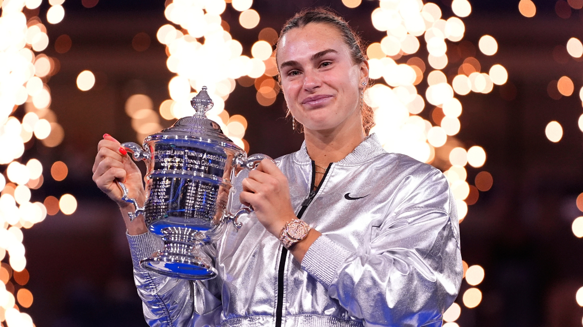 Aryna Sabalenka, of Belarus, holds her trophy aftyer defeating Amanda Anisimova, of the United States, after the women's finals of the U.S. Open tennis championships on Saturday.