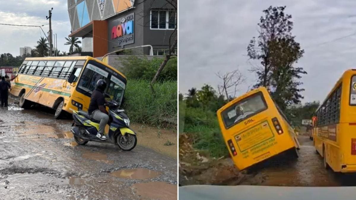 Bengaluru, School Bus, Tilts, Topples, Student, Potholes, bengaluru, bengaluru news, karnataka, karnataka news, balagere road, panathur road, panathur balagere, whitefield, bangalore, bangalore road, bangalore news