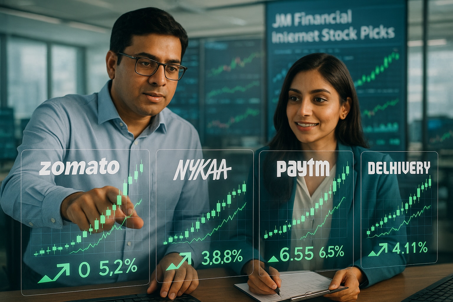 JM Financial report on India’s internet stocks, analysts highlight Zomato, Nykaa, Paytm, and Delhivery among top picks with over 20% upside.