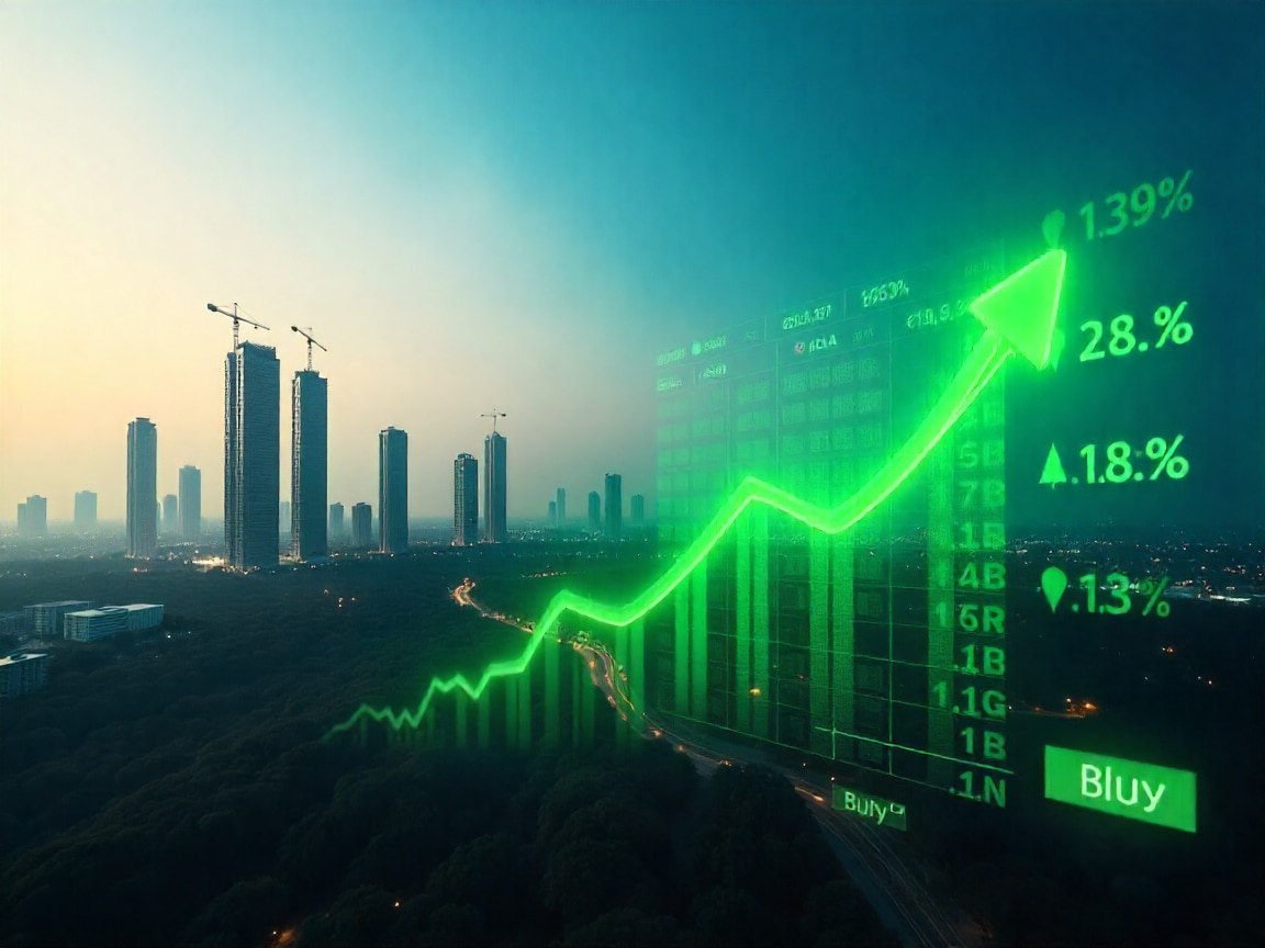 Prestige Estates Q2 2025 results show 50% sales growth with Bengaluru skyline and stock market rally visuals, Nomura top pick in real estate sector.