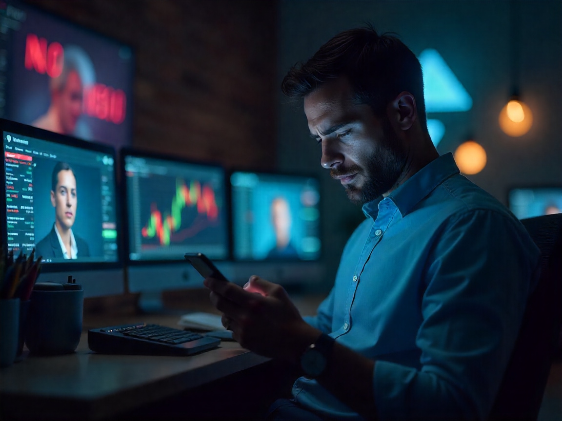 Investor looking at Telegram trading scam group with deepfake influencers on screen