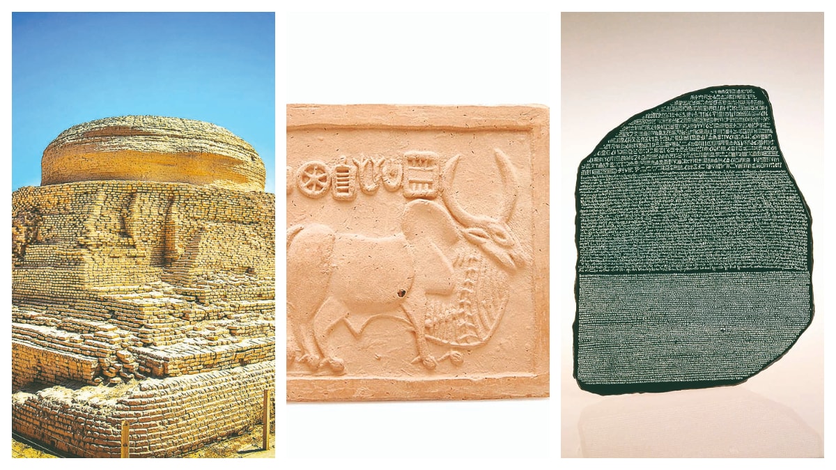 Ruins of Mohenjo-Daro, A pictograph and Rosetta Stone with Egyptian and Greek scripts.