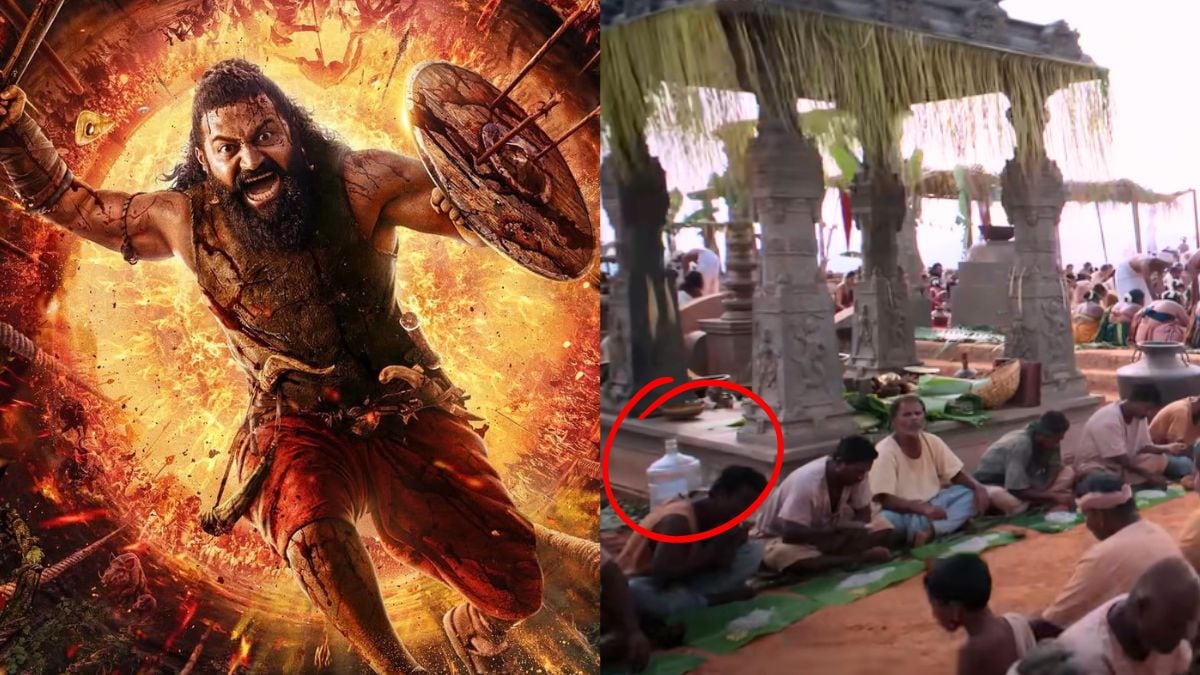 A still from the song Brahmakalasha from the movie Kantara: Chapter 1 shows a mistakenly left plastic can of water. (Image source: Hombale Films/X, Hombale Films/Youtube)