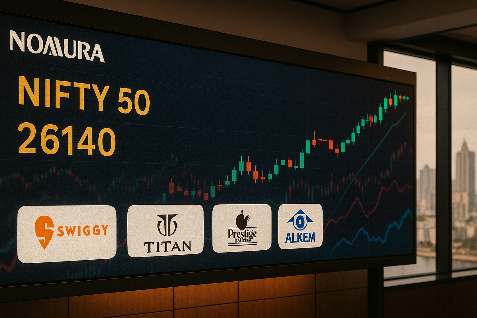 Nomura Nifty 2026 target at 26,140 with portfolio update including Swiggy, Titan, Prestige Estates, and Alkem Laboratories