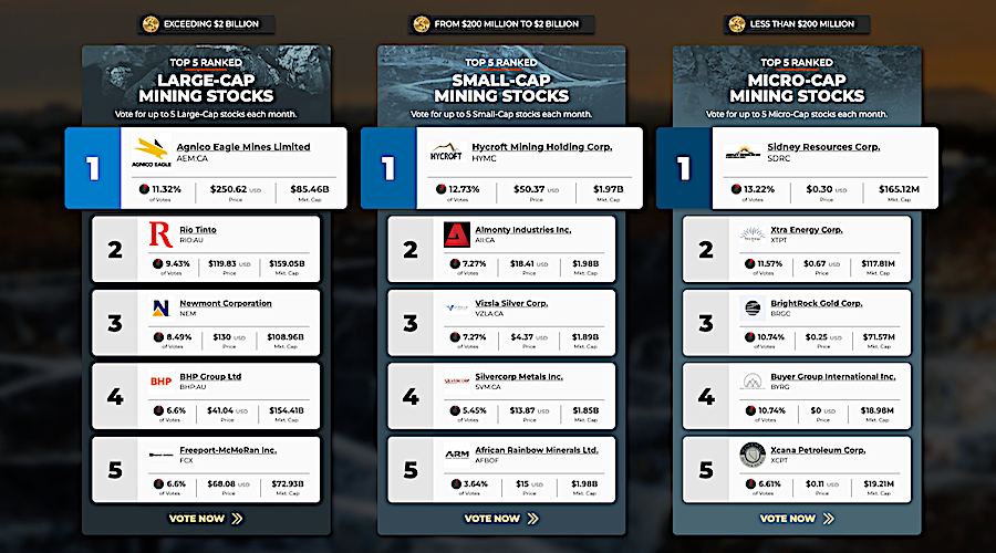 Agnico、Hycroft 和 Sidney 领衔 2 月份股票排名